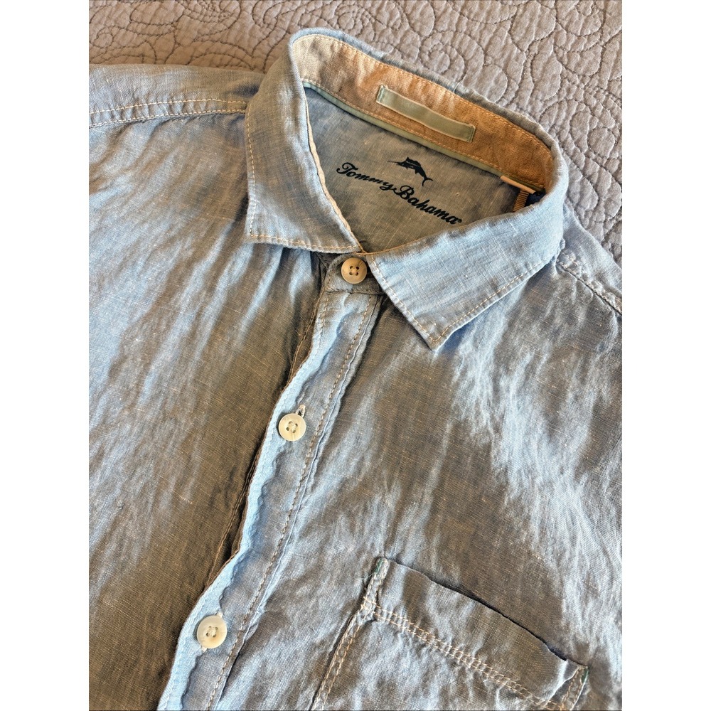 Tommy Bahama Men's Large‎ 100% Linen Short Sleeve Button Down Shirt  Blue Beach